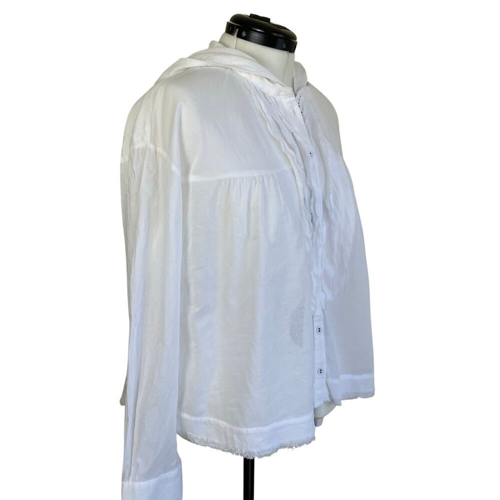 FREE PEOPLE Sz M White Breezy Button Down Shirt Hooded Blouse Raw Trims Cotton - Picture 8 of 16